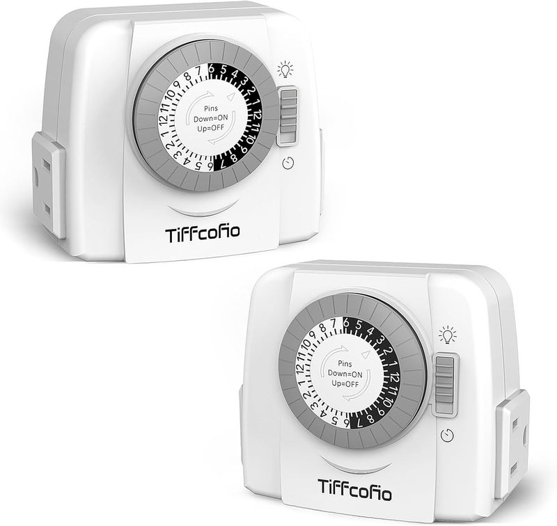 Tiffcofio Indoor Mechanical Outlet Timer, 3 Prong Timers for Electrical Outlets, 24-Hour Programmable Plug in Light Timer, ETL Listed (2 Outlets, 2 Packs) - Image 1